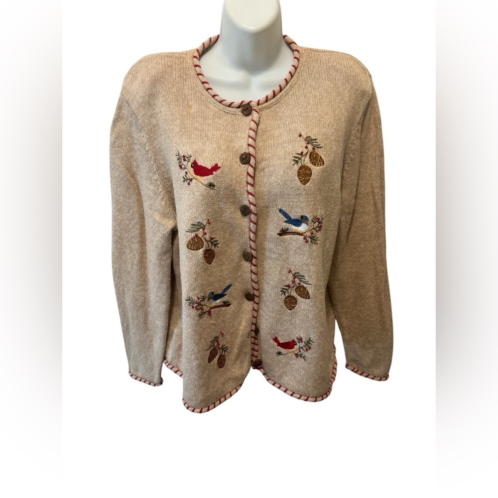 Classic Cardigan Sz XL Tan Embroidered Cardinals Bluebirds Winter Cozy Button Up
